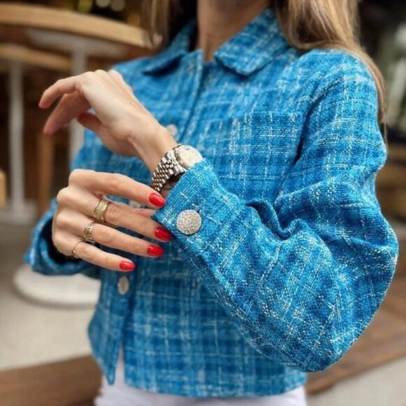 Zara Women's Plaid Tweed Cropped Long Sleeve Button Down Blazer Top Blue Size L. - Picture 2 of 16